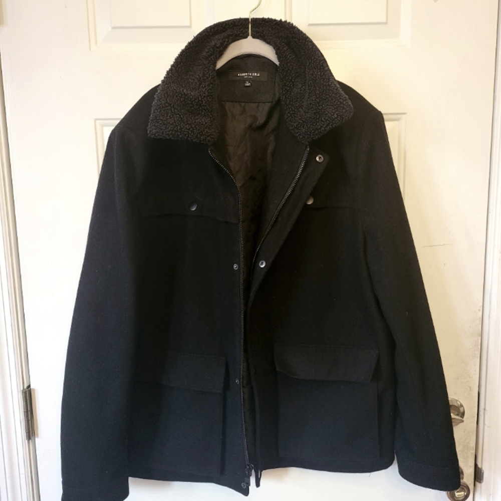 Kenneth Cole New York Mens Black Pea Coat w/Sherpa Collar Size XL